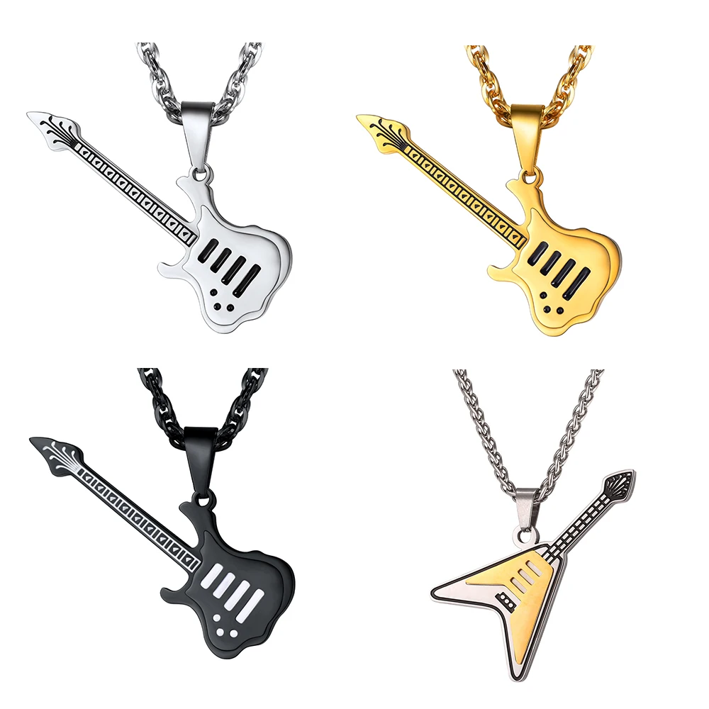 

Chainspro Guitar Pendant Necklace for Man Woman Gold/Black Color Stainless Steel Music Hippie Music Lover Jewelry Gift QC24