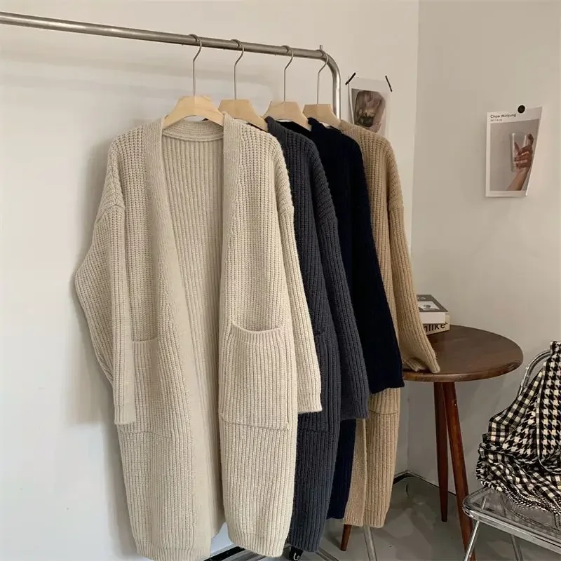 

Korean Lazy Fashion Large Pocket Loose Versatile Outerwear Grey Thickened Medium Length Knitted Open Cardigan Women's Style