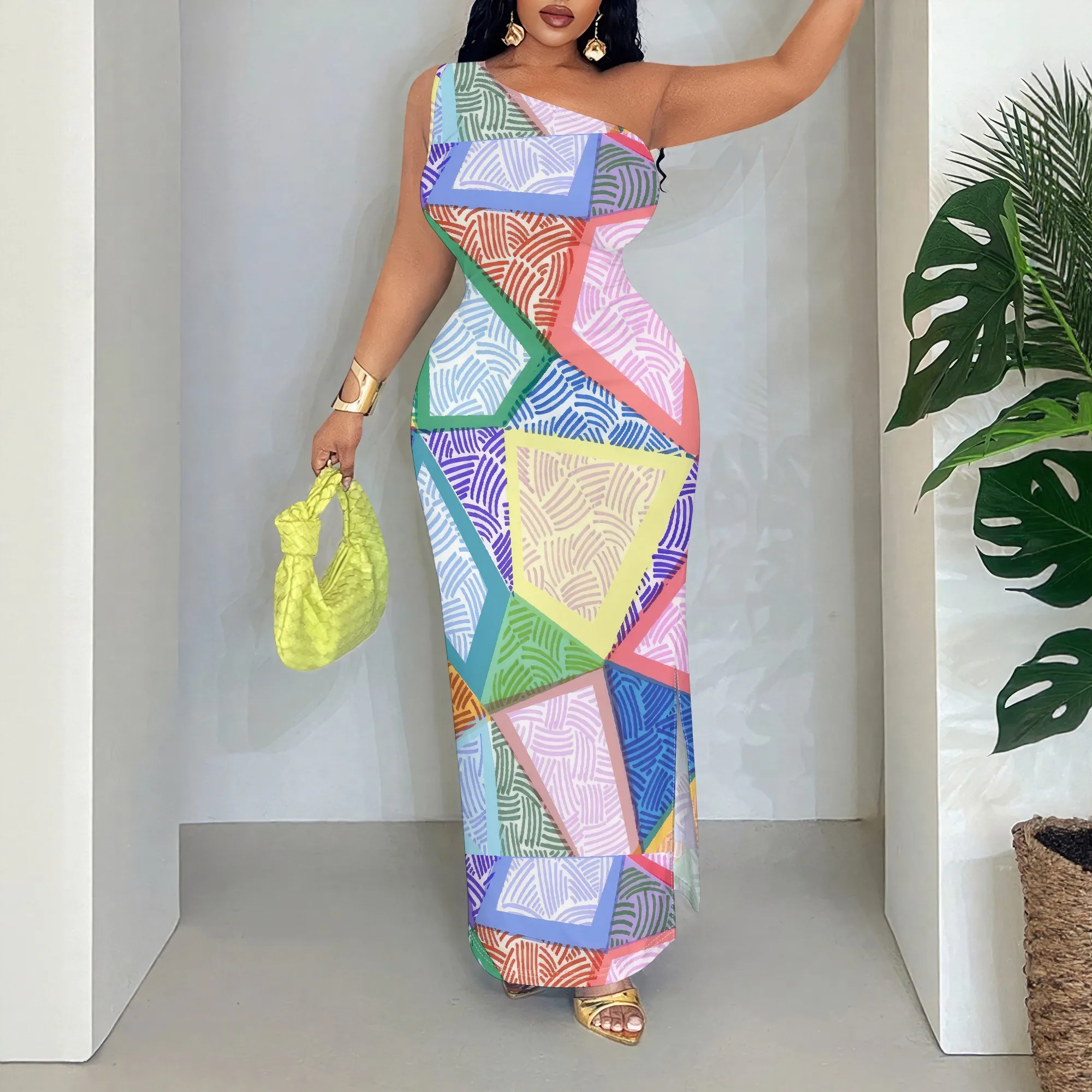 

Colorful Print, One Shoulder Maxi Dress, Sleeveless Boho Beachwear, Geometric Pattern Vacation Gown, S-2XL