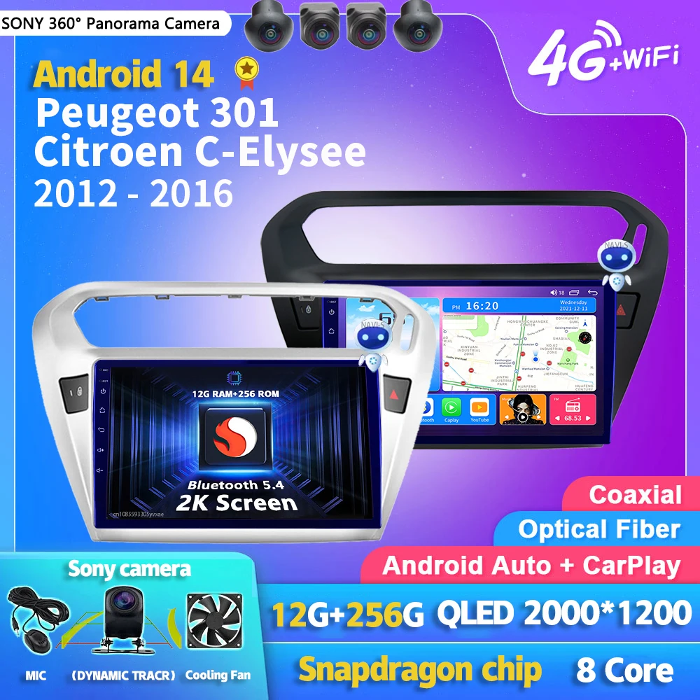 

Android 14 Carplay Auto 2K Screen Car Radio Multimedia For Peugeot 301 C-Elysee CElysee 2012-2016 Autoradio Stereo Head Unit