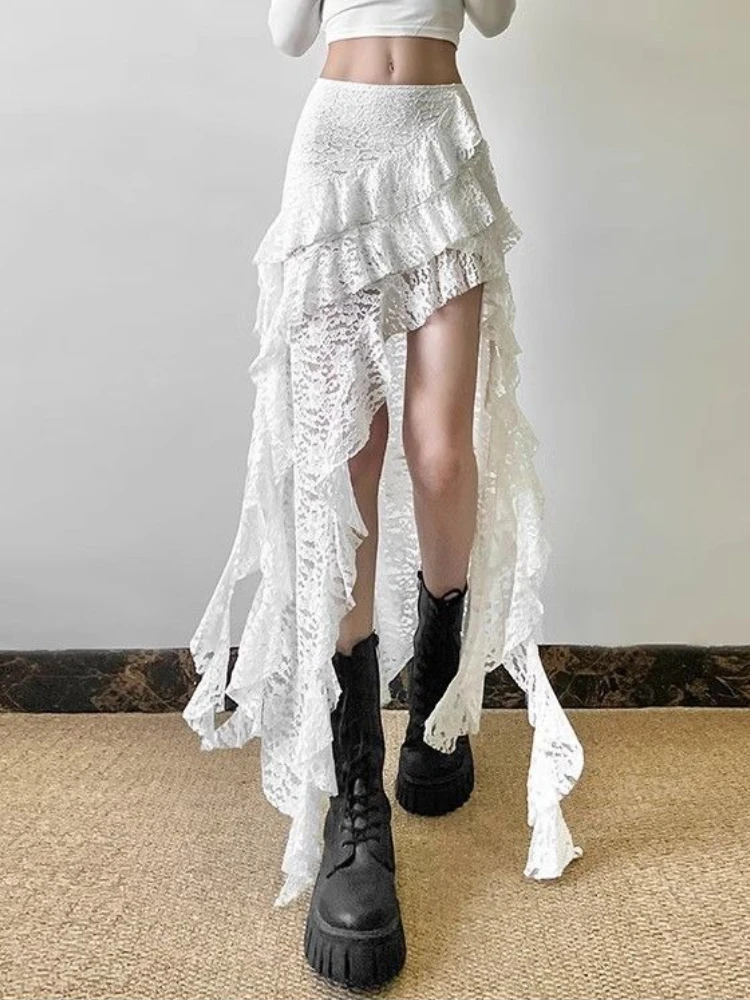 Gonne torta da donna sottili in pizzo sexy gotico estivo Y2k American Vintage Evening Party Abbigliamento Gonne sottocultura in colore puro anni 2000