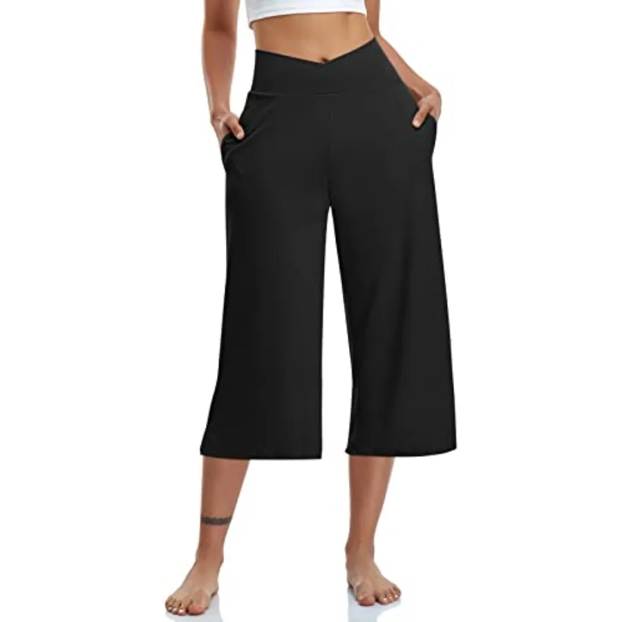 

TARSE Womens Casual Wide Leg Yoga Capris Crossover High Waist Capri Pants Loose Soft Pajama Pockets Sweatpants