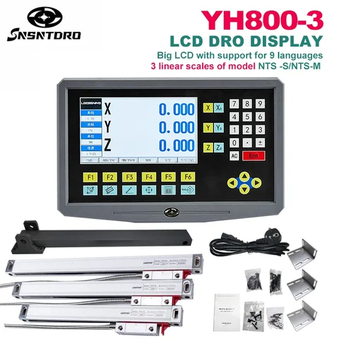 Conjunto de Display DRO YH800-3 de 3 Eixos 1um/5um com 19 Idiomas e 3 Peças de Encoder de Escala Linear de Vidro 50-1000mm para Máquinas de Mandrilamento e Fresagem