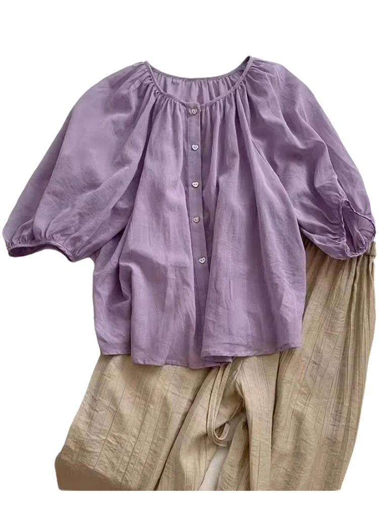 Loose Fit Lantern Sve irt dames zomer dunne pop ontwerp afslankeffect casual Sle ronde Ne button-up top