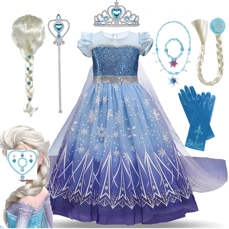 Elsa Girls Princess Costumes Children Elsa Sequins Fantasy Kids Cosplay Frozen Snow Queen Clothes Halloween Carnival Party Dress