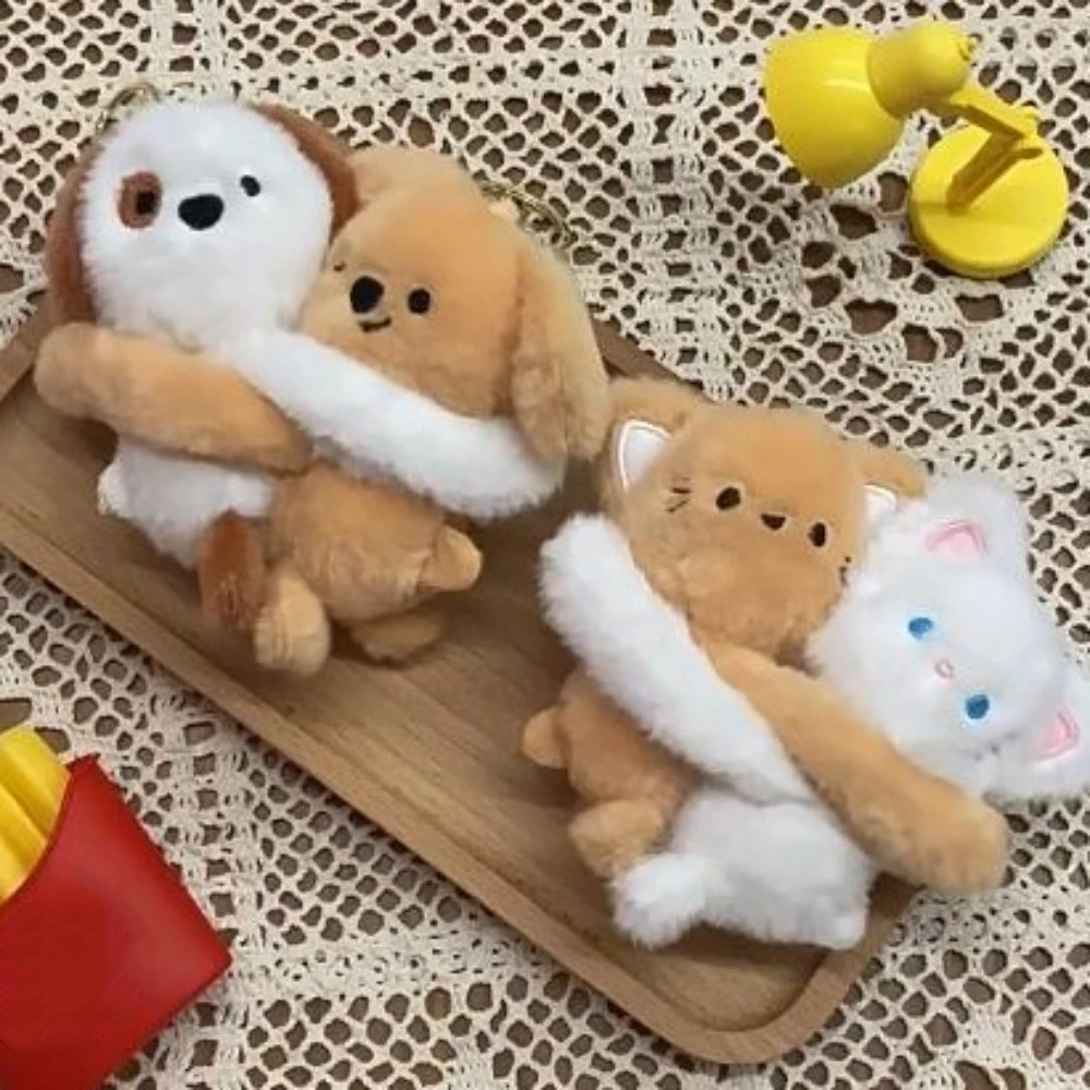 Backpack Decoration Couple Cartoon Keychains Stickable Kittens Puppies Cat Dog Plush Dolls Embrace Love Hug Plushies