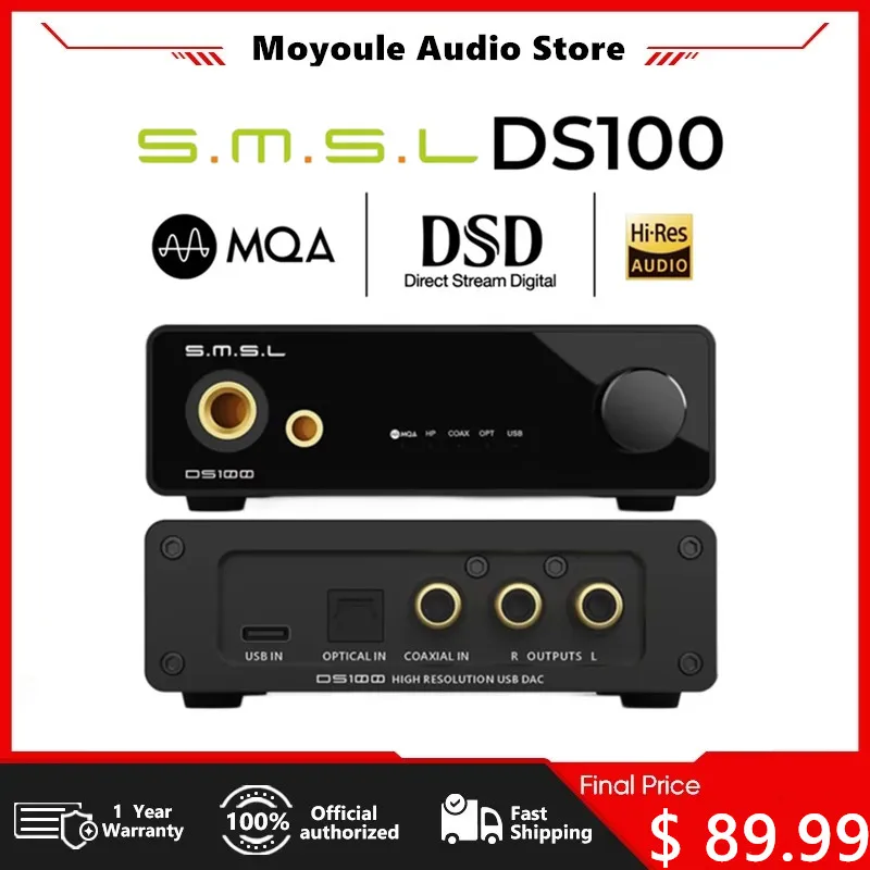 2024 New SMSL DS100 High Resolution USB MQA DAC Audio Decktop DAC MQA-CD Audio Decoder CS43131 32bit/768kHz DSD256 Headphone DAC