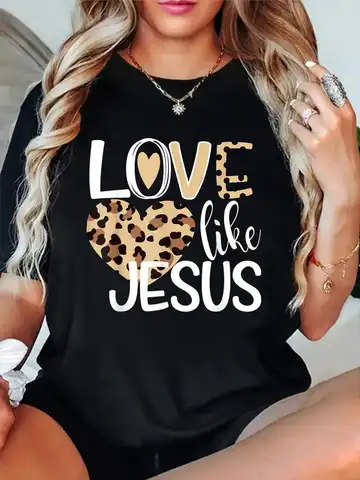 Unisex 100% Cotton Graphic T‑Shirt Love Like Jesus Leopard Heart Christian Faith Believer Print Crew Neck Short Sleeve Religious Casual Everyday Outfit Tee