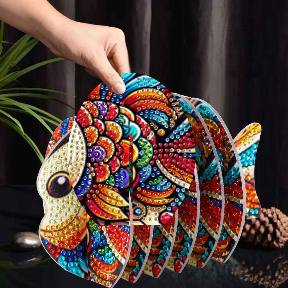 DIY Diamond Painting Coasters Set of 6 Acrylic Special Shape Rhinestone 3D Fish Puzzle Art Craft Complete Tools Included