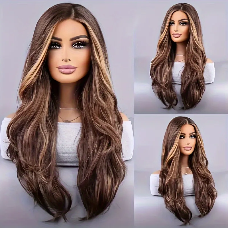 

European and American women's wig 26inch brown-yellow stroke big wave long curly hair simulation scalp wig full head cover