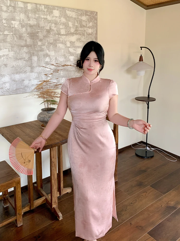 

Slimming Effect Velvet Print Qipao Dress Chinese Style A-Line Midi Dress for plus Size Women Summer Short Sleeve