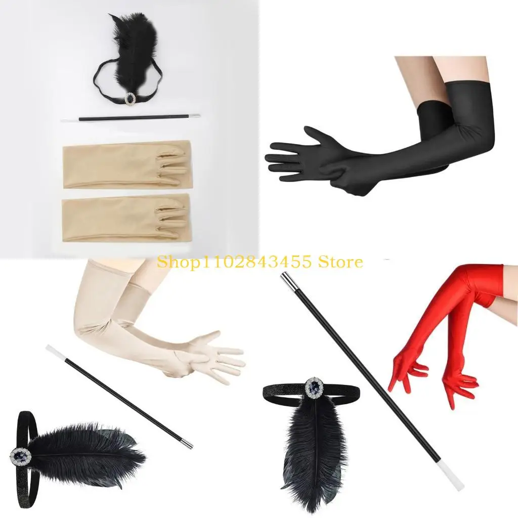 

49MC женские аксессуары для хлопушек, комплект костюмов для вечеринок, повязка на голову с перьями, атласные перчатки, мундштук