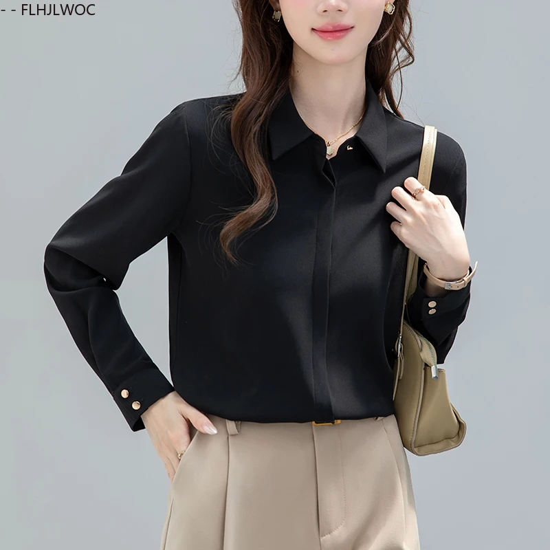 フレンチデザイン白シャツ新 FLHJLWOC ファッション女性秋長袖オフィスレディ黒エレガントな通勤ワークトップスブラウス