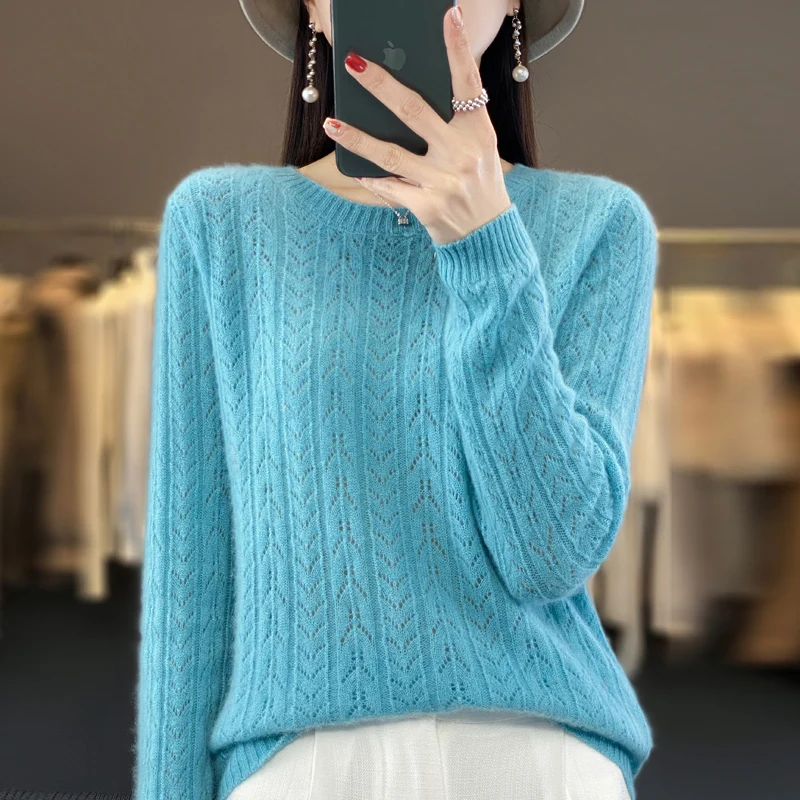 Spring Autumn Women 100% Merino Wool Sweater O-neck Wheat Ear Pattern Hollow Out Pullover Casual Knit Soft Bottoming Top