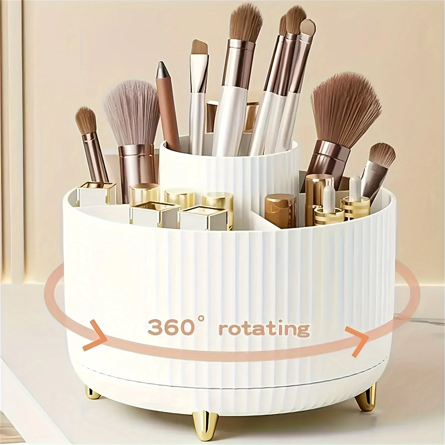 360 Degree Rotating Makeup Organizer 5 Compartments Plastic Storage Box for Brushes Lipstick Skincare
