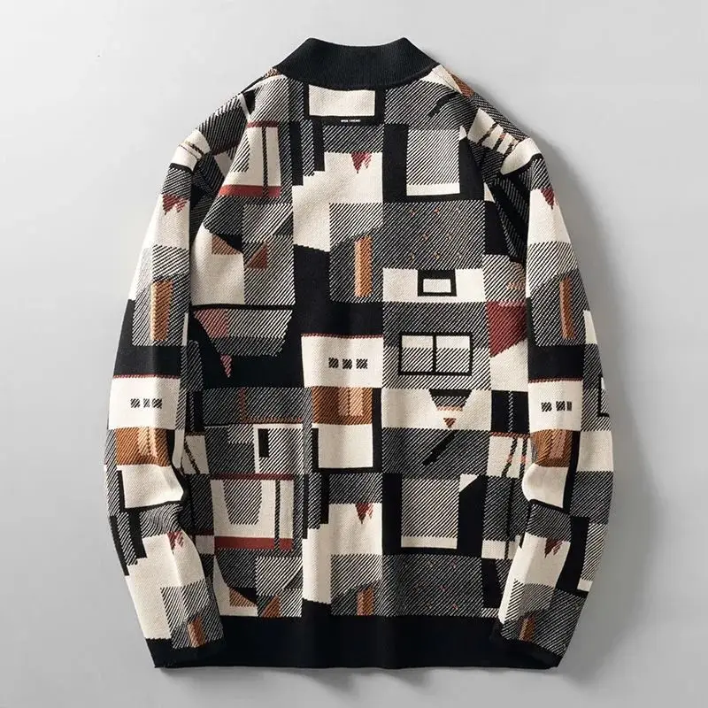 Harajuku Geometric Oil Painting Camouflage Irregular Cardigan Sweater Sweater Men Fashion Casual Autumn New Outerwear Coat Tops