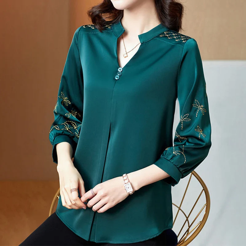 Casual Vintage Sólida Bordado Botão Camisa Verão Autum 2023 V-Neck Manga Três Quartos Solto Pullovers Tops Roupas Femininas