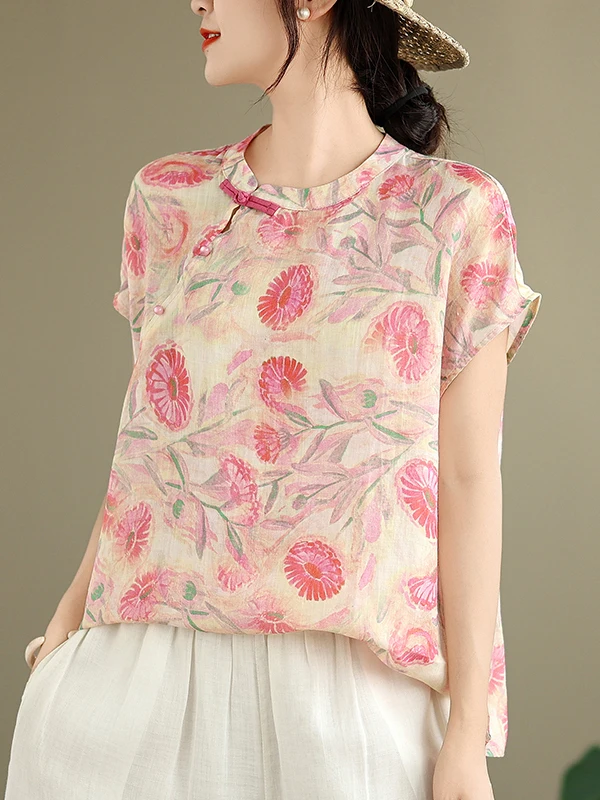 Sommer Neue Sle Chinesische Taste Baumwolle Leinen Druck Seite Taste Stehkragen Casual irt plus Größe frauen Faion Künstlerische