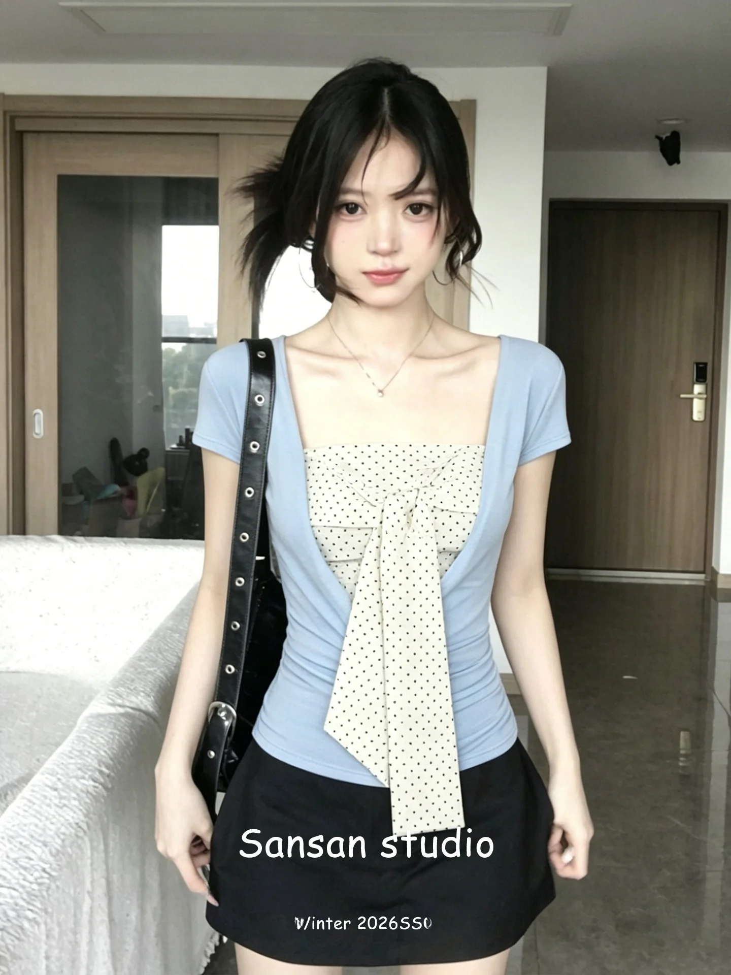 

Blue Polka Dot Halter Neck Short Sleeve T-Shirt Set Women's Summer Fashion Knot Vest Korean Style Top Soft Comfortable Breath...
