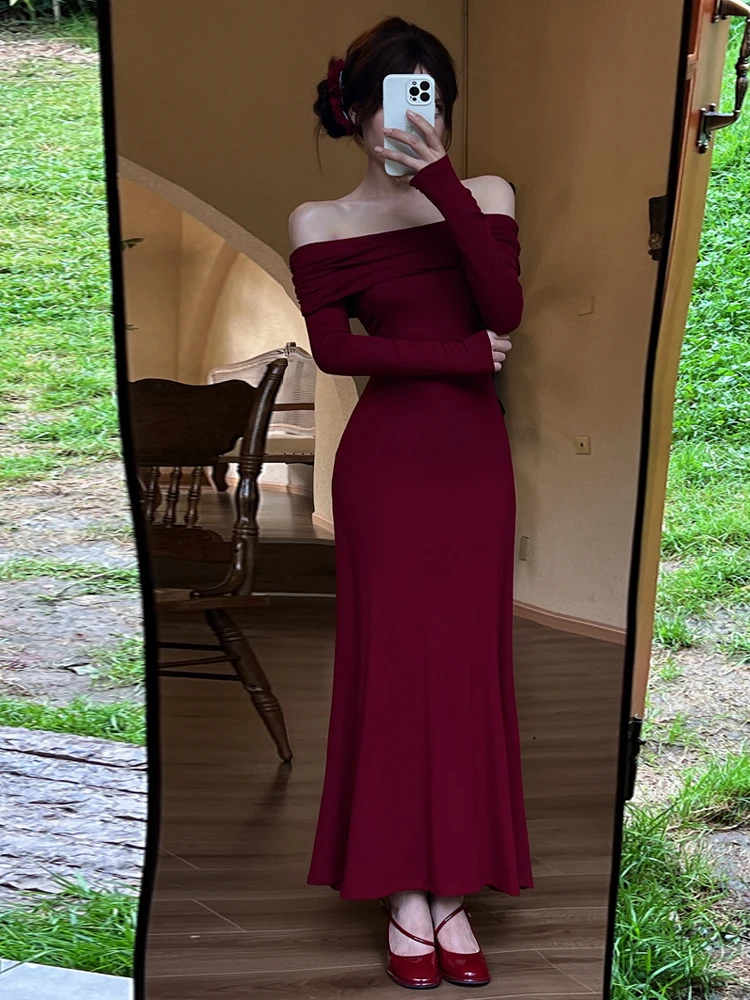 Vintage de um ombro gola dupla camada vermelho bodycon saia feminina irregular ruched fino ajuste a linha alta rua maxi saia outono