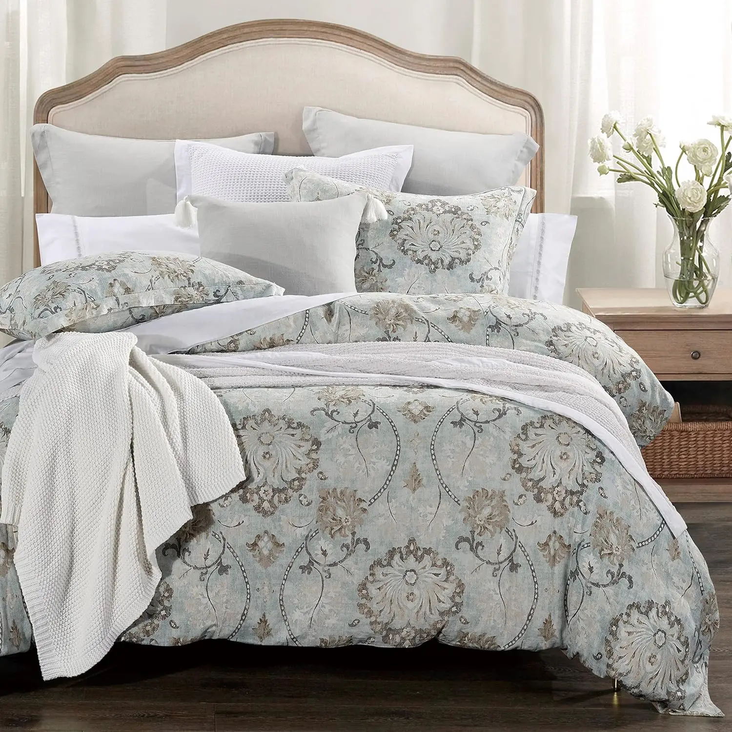 

Hiend Accents Dalia 3 Piece Linen Comforter Set, King Size, Light Blue Floral Bedding Set, Flower Botanical Print, Classic Chic