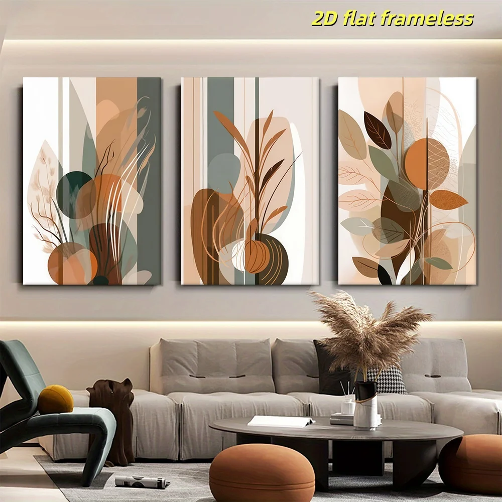 3-piece set of modern abstract geometric plant canvas posters, elegant Morandi color home wall decoration 2D flat printing frame