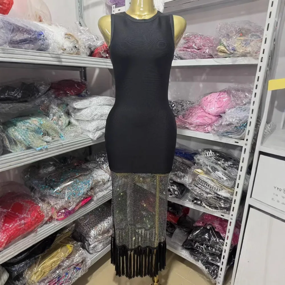 

2026 New Fashion Black Sleeveless Sparkly Diamonds Tassel Bandage Dress Luxury Party Dresses Glitter Evening Cocktail Gown