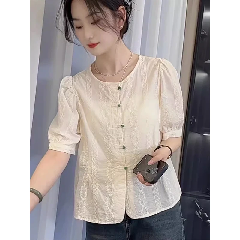 Women Summer Fashion Slim Trend Hollow Out Solid Color O-neck Short Sleeve Shirts Ladies Simplicity Embroidered All-match Tops