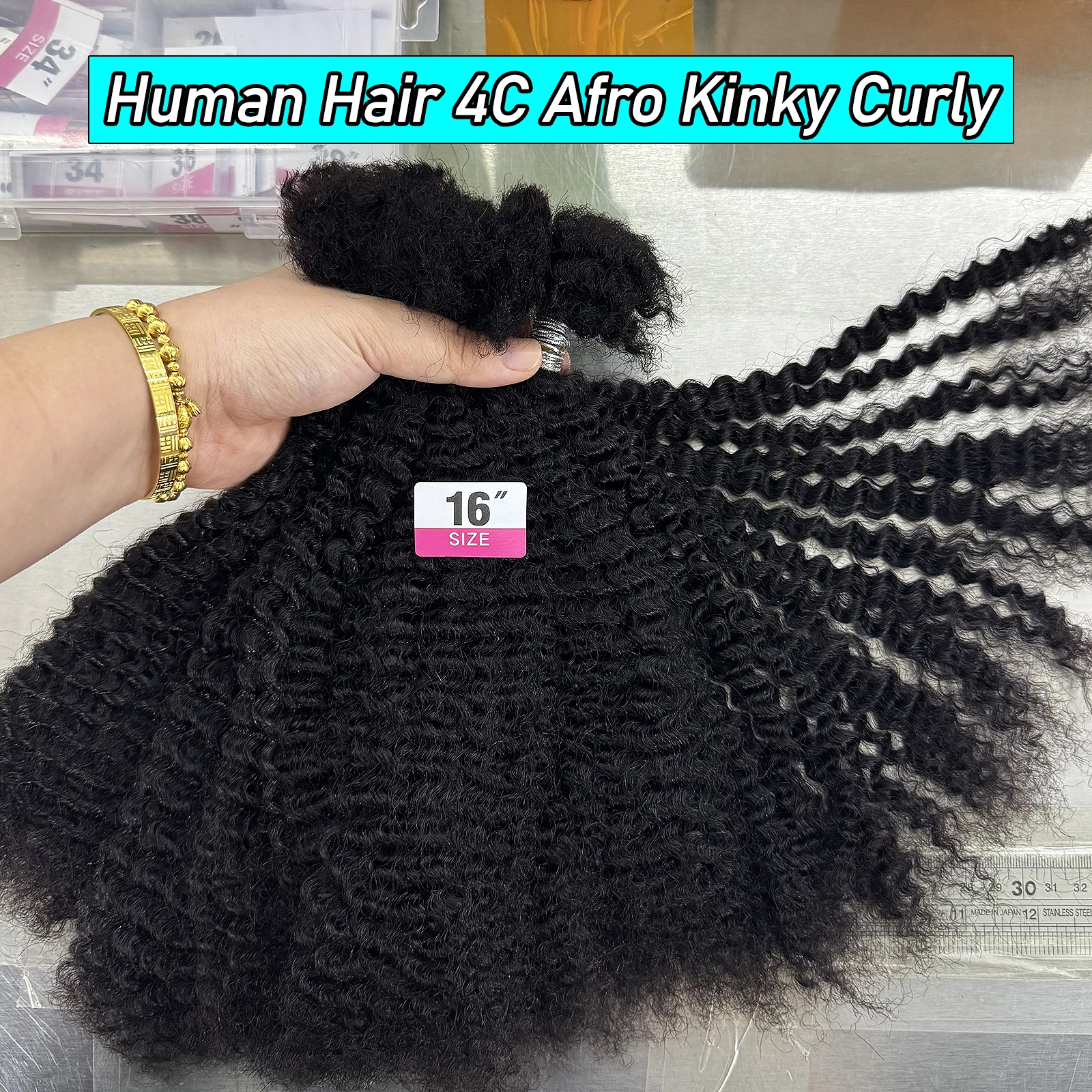 16inch Afro Kinky Curly Human Hair Bulk for Dreadlocks Extending Afro Kinkys Bulk Human Hair for Braiding 30g/pack Can Be Dyed