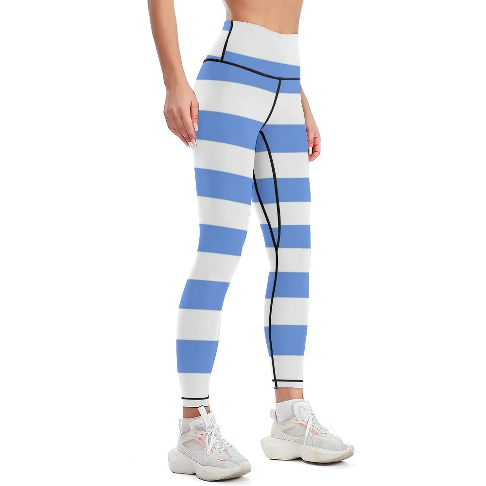 Light Blue and White Horizontal Stripes Leggings flared workout shorts Womens Leggings