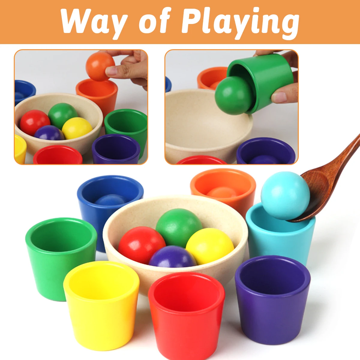 Baby Montessori Wooden Toy Rainbow Ball and Cups Color Sorting Games Fine Motor Early Education Learning Toys Gifts for Children