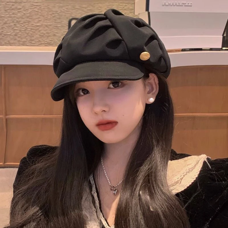 Fashion Cloud Beret Big Head Circumference Women Splicing Octagonal Berets Niche Painter Hats British Style Solid Small Face Cap image 3