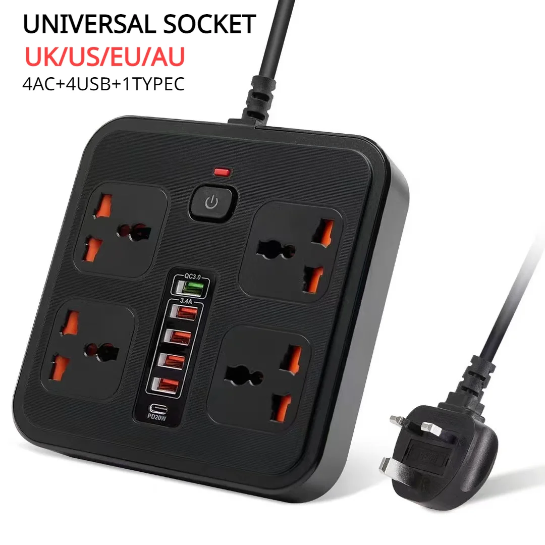 

UK US EU AU Hot Selling 4-position Universal Hole Multi Fast Charging USB Plug PD+QC3.0 Overload Protection Plug Board Socket