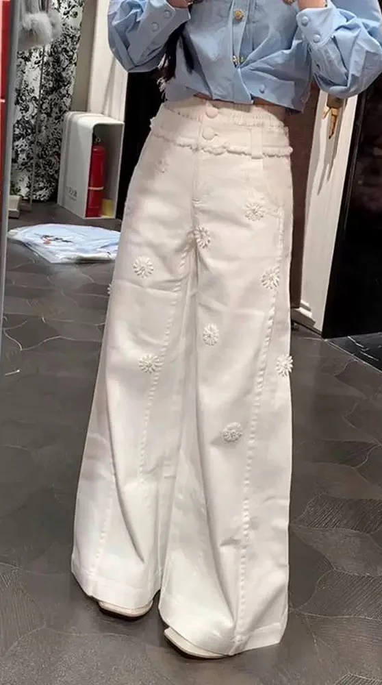 Y2k calças de perna larga femininas francês suave margarida bordado cintura alta branco perna reta jeans primavera outono novo estilo