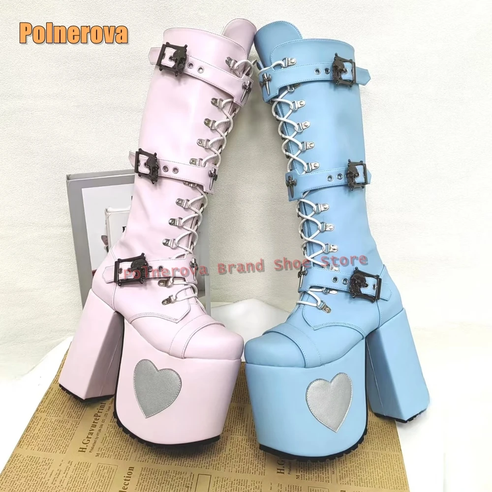 

Heart Print Metal Buckle Punk Boots Round Toe Height Increase Cross Tied Couple Patchwork Knee High Boots Y2K Sweet Style 2026