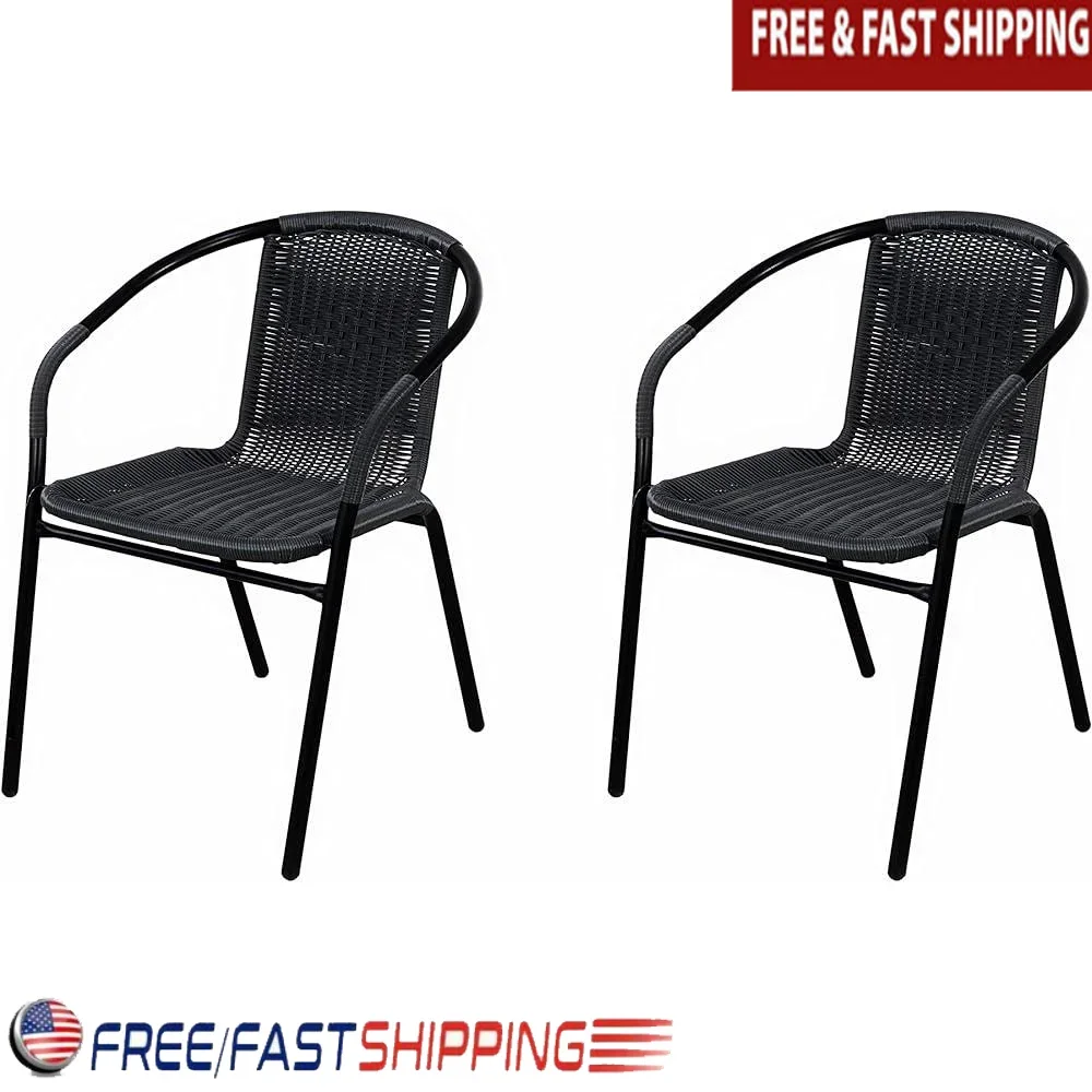 

Durable Rattan Arm Chairs Set of 2 Patio Bistro Stackable Indoor Outdoor Cafe Furniture