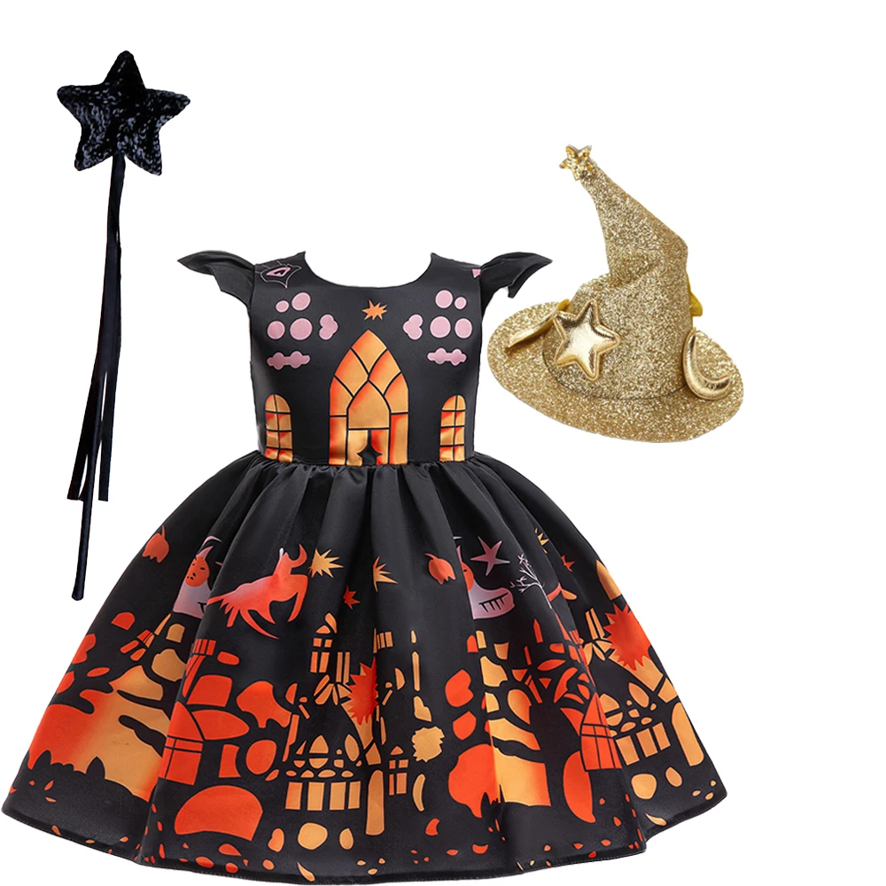 (Kleid + alle Accessoires) Halloween-Kleid für Mädchen, bedrucktes Kleid, Schloss, Kürbis, Laterne, Hexe, Cosplay-Kostüm