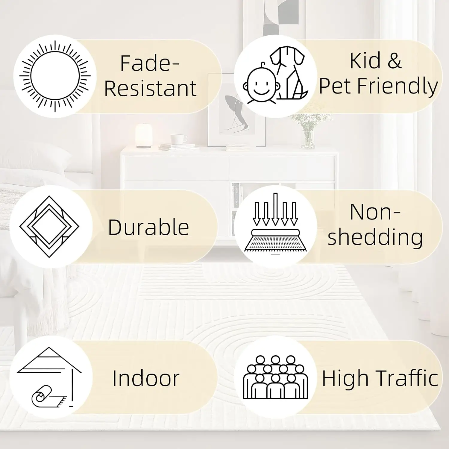 Indoor Washable Area Rug 8x10, Modern Geometric Bohemian Pattern Soft Large Floor Carpet, High Low Pile Textured Indoor Area Rug For Living Room Bedroom House Apartment Home Office, Beige - view 3