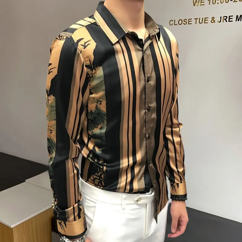 Luxury Retro Black Gold Print Wedding Shirt 2023 Spring  Shirt For Men Flower Shirt Party Vintage Shirt Camisa Social Masculina