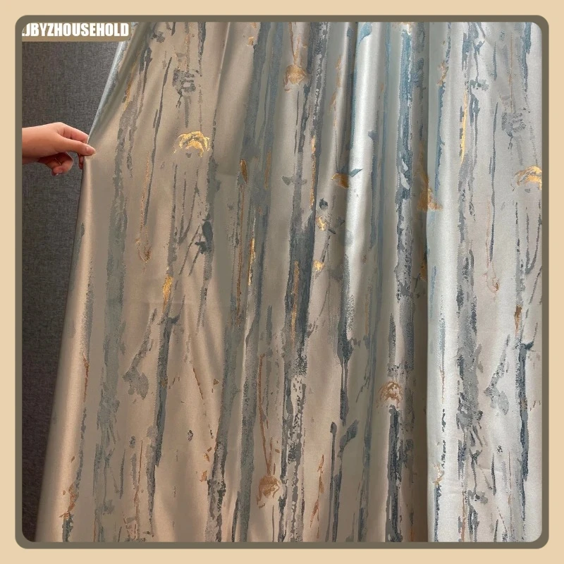 

New Chinese Curtains for Living Dining Room Bedroom High Precision Simulation Silk Gold Curtain Nature Vertically Romantic Tulle