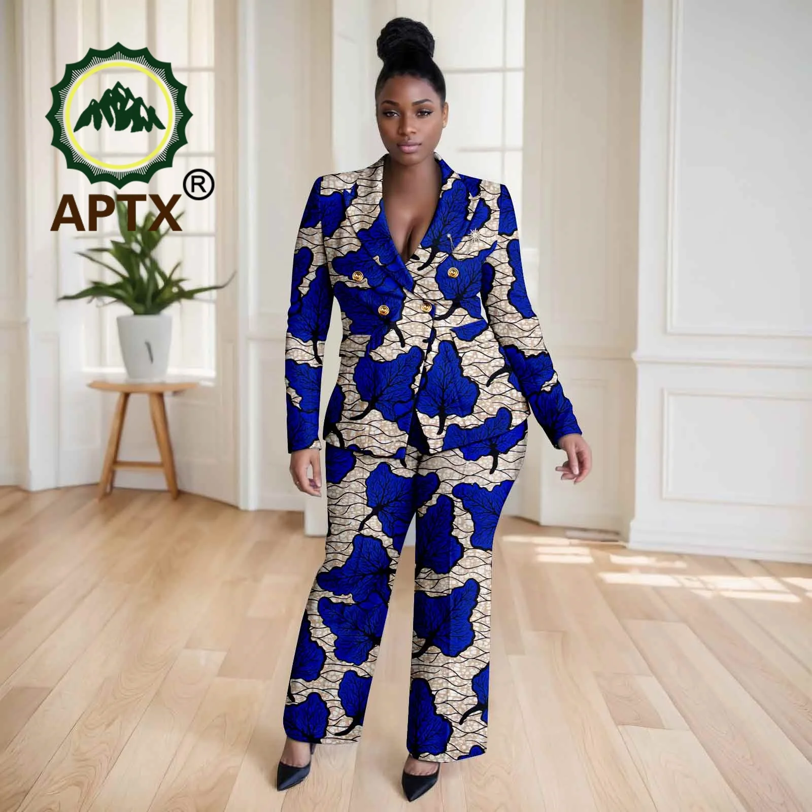 المرأة الأفريقية أنقرة مطبوعة الخامس الرقبة كم كامل بلوزات وسراويل الطابق طول قطعتين دعوى Dashiki عادية Set2526046 #5