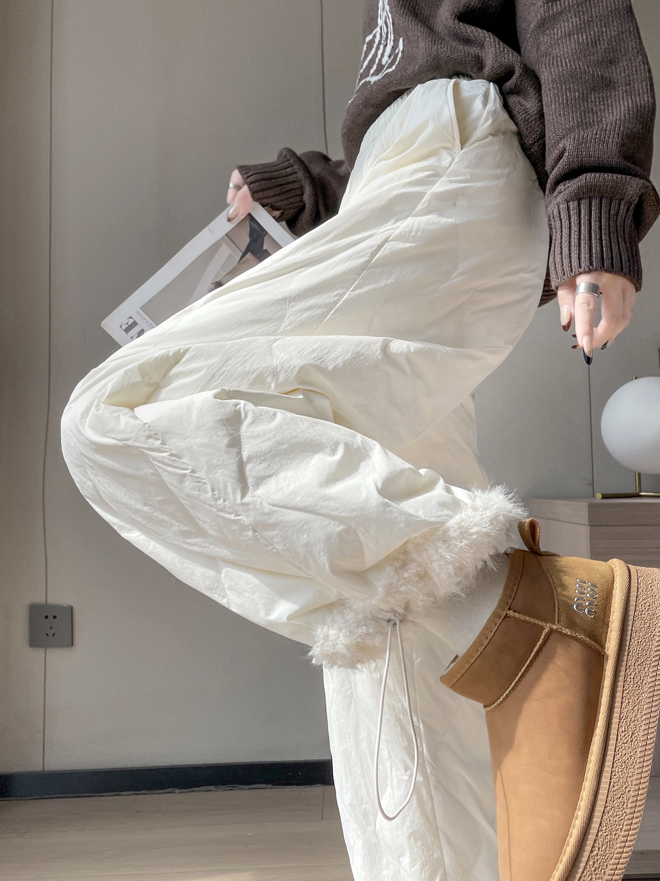 White Cotton Blend Frayed Hem Windproof Women's Winter High Waist Slimming Casual Wide Leg Pants Nine Point Pants