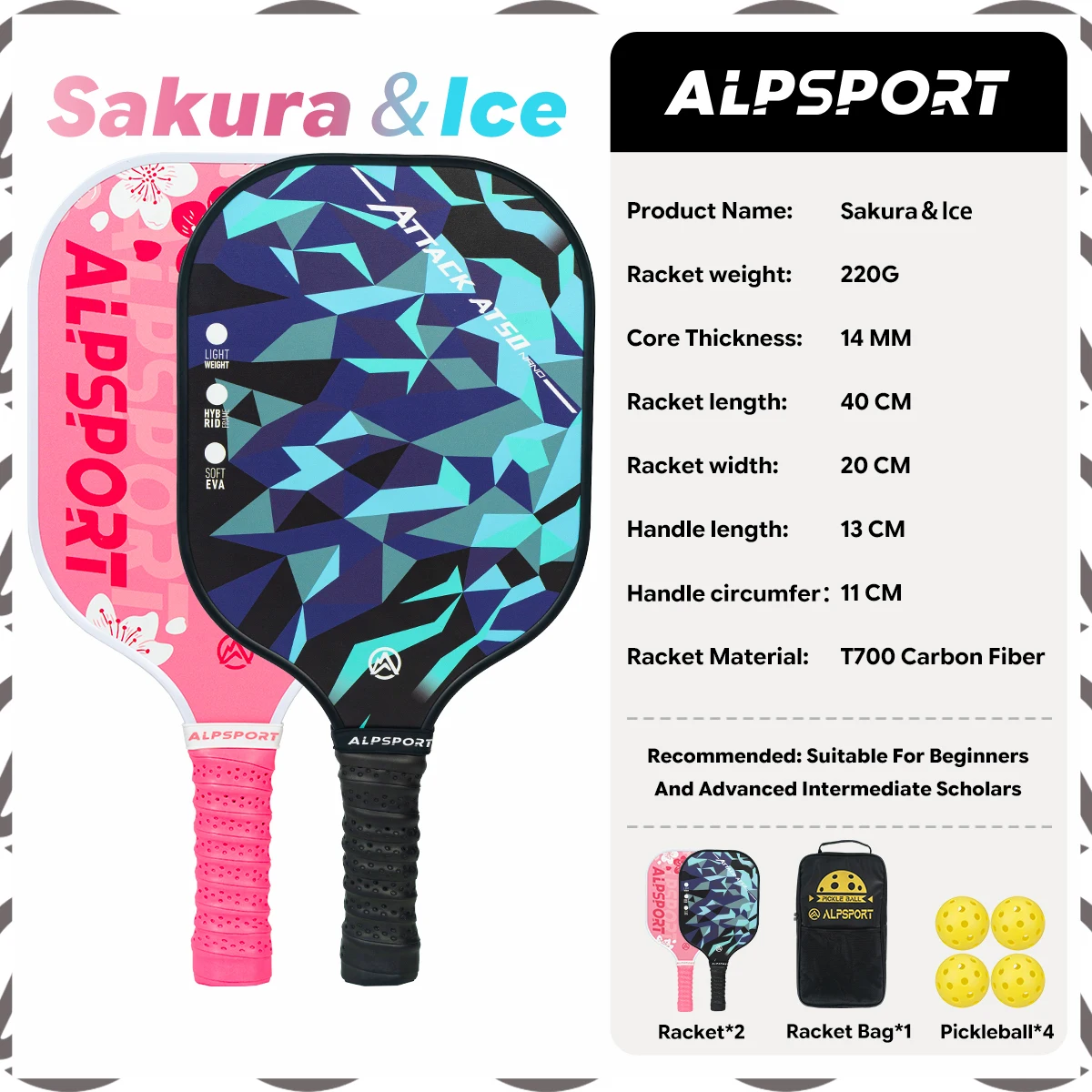 alpsport-ice-double-sided-t700-carbon-fiber-usapa-certified-pickleball-paddle-black-one-piece-racket-beginner-kit-with-free-ball