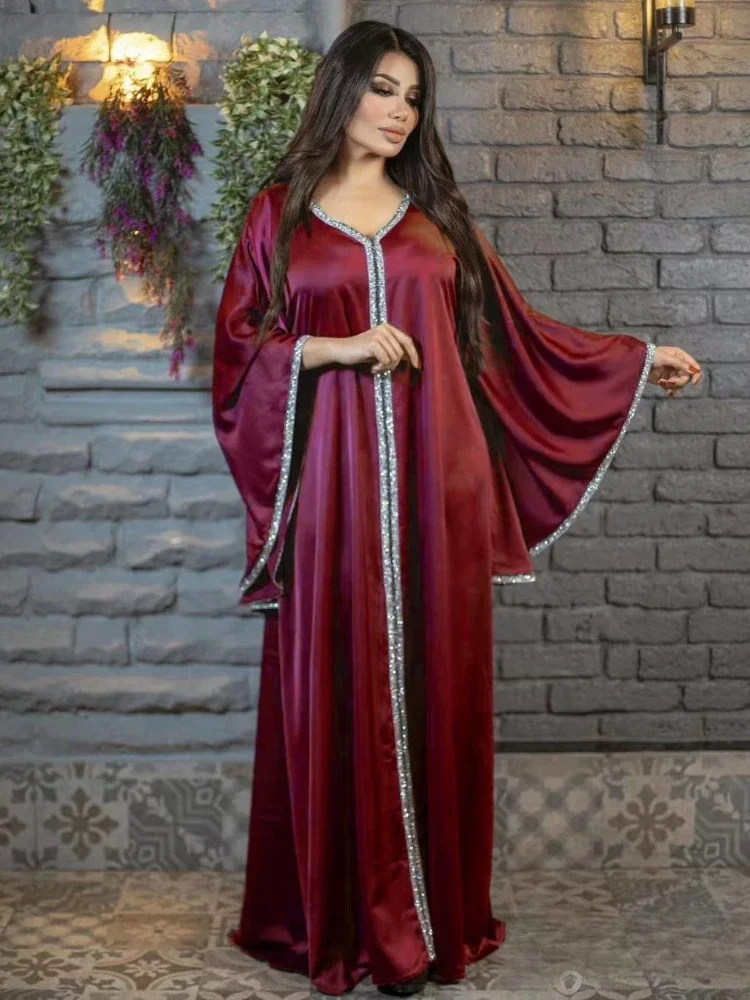 Eid Muslim Long Dress Women Solid V Neck Jalabiya Dubai Abaya Moroccan Kaftan Elegant Vestidos Party Dresses Ramadan Caftan 2023