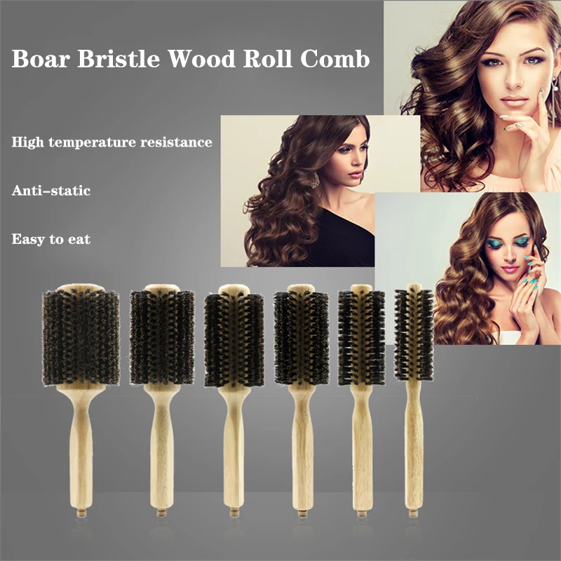 

Wood Handle Boar Bristle Round Brush Anti-Static Professional Barber Salon Hairdressing Hair Brush Hair Round Roller Wooden Comb