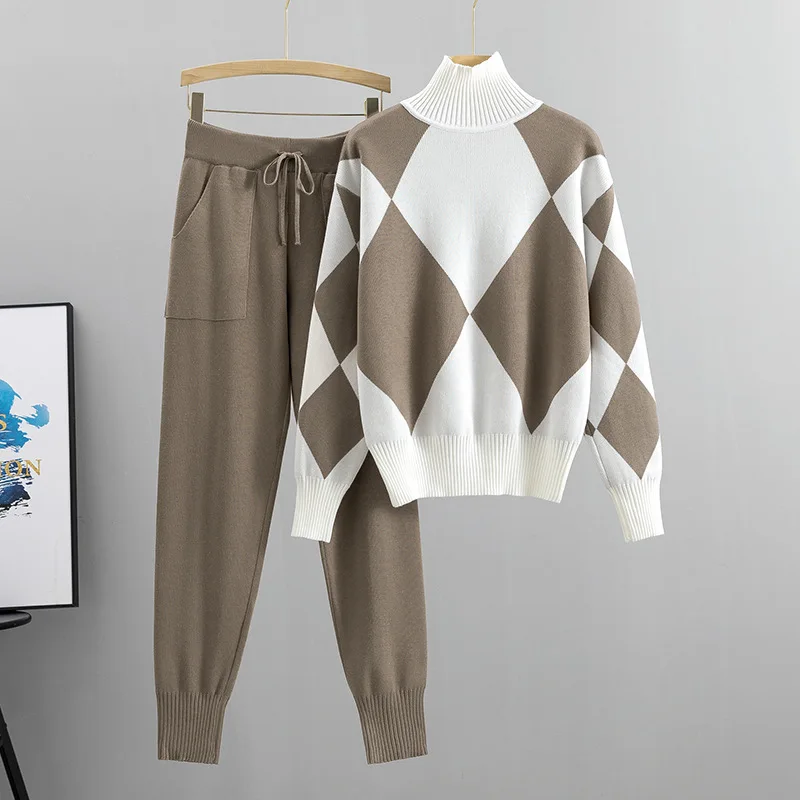 Winter Autumn 2 Piece Women Fashion Knitted Top Pant Set Ladies Sweater Suit Vintage Fashion Ladies Women Suit Outfits