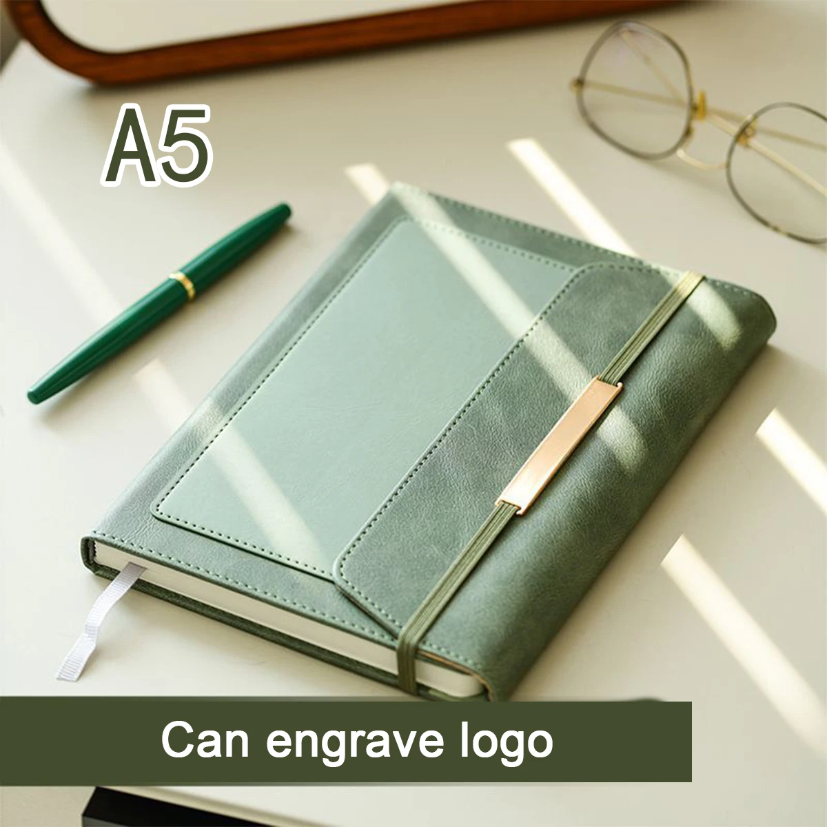 Can Engrave Logo) A5 Leather Business Notebook, With Strap, Work Notepad, Meeting Record Book, Student Study Notes, Buckle Diary