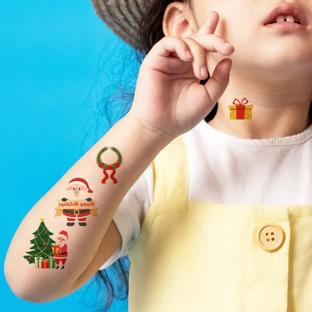 16 Sheets Christmas Temporary Tattoos Children Cartoon Tree Snowman Pattern Tattoo Stickers for Kids Fake Tattoo Women Men