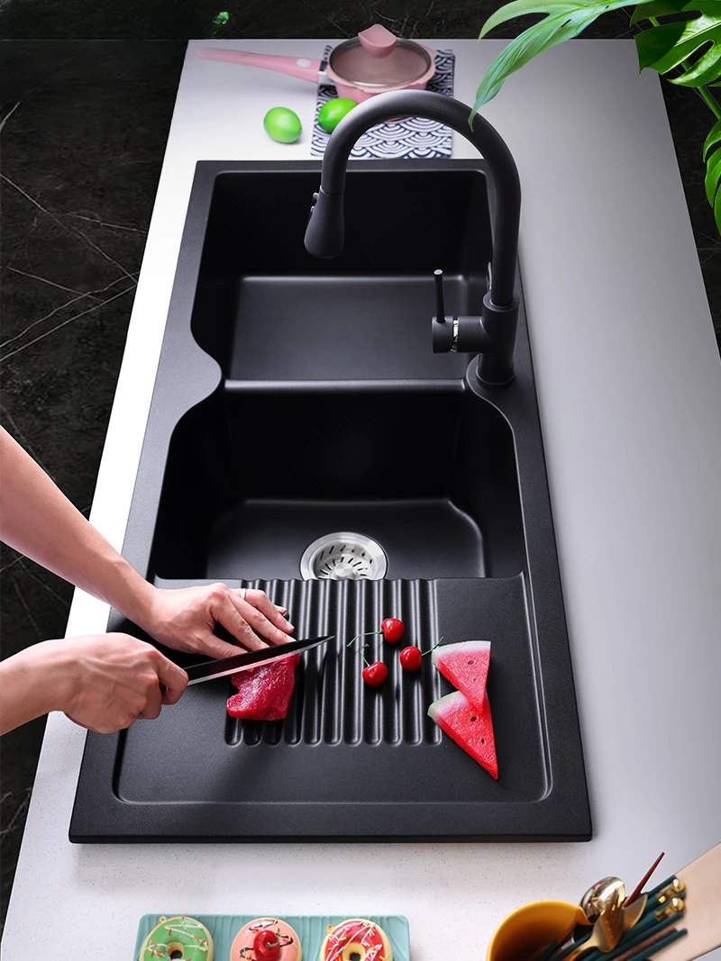 Kitchen Quartz Stone Sink Balcony Vegetable Basin Dishwasher Undercounter Basin Double Sink Black