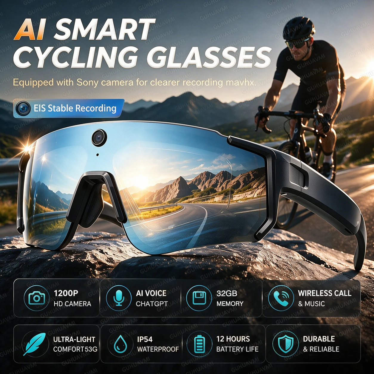 Nouvelles lunettes intelligentes IA avec caméra, enregistrement vidéo 1200P, anti-tremblement, lunettes de soleil, lunettes de cyclisme coupe-vent pour hommes et femmes